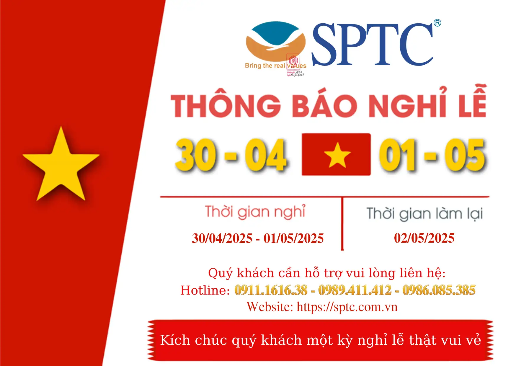 SPTC Corp thông báo Lịch nghỉ lễ 30/04 và 01/05/2025