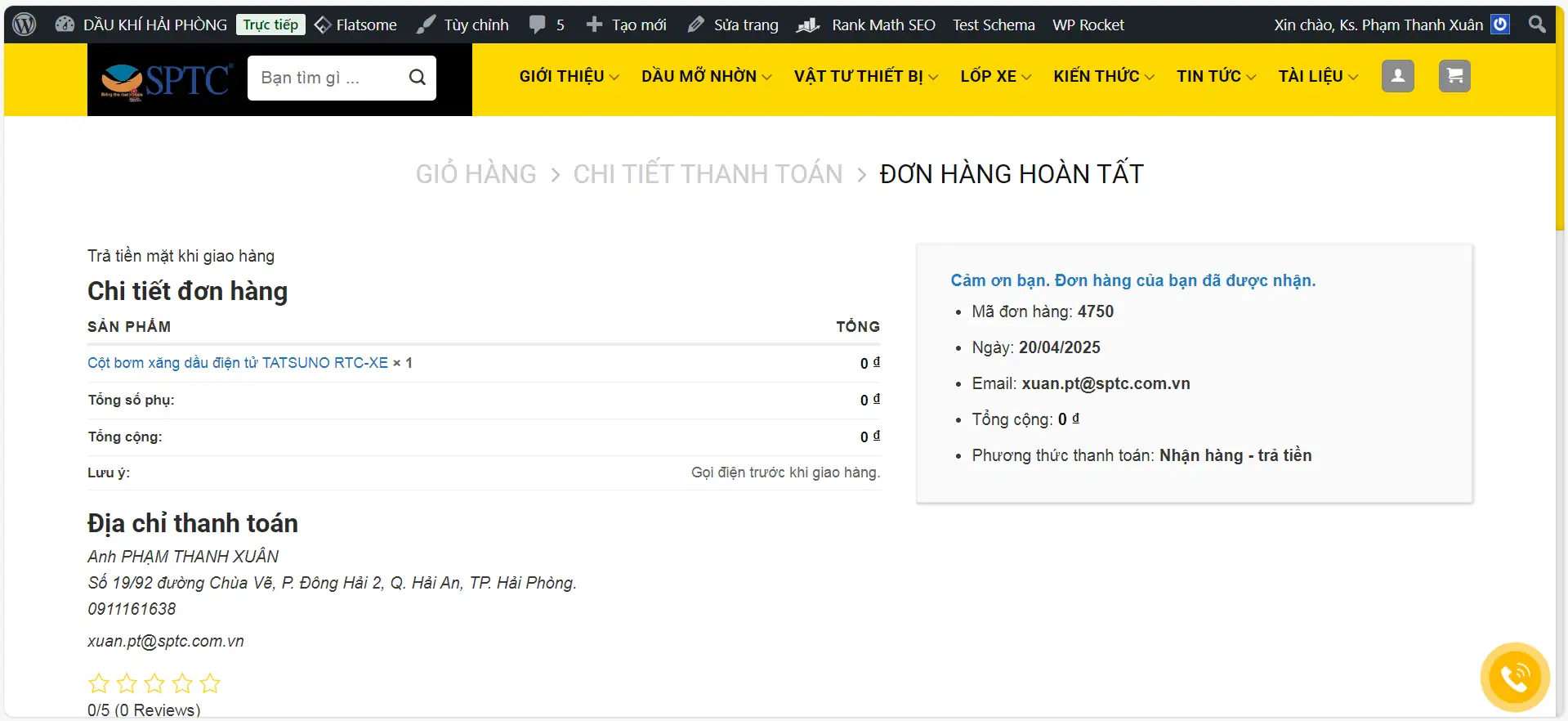 Xác nhận đặt hàng thành công trên website www.daukhihaiphong.com