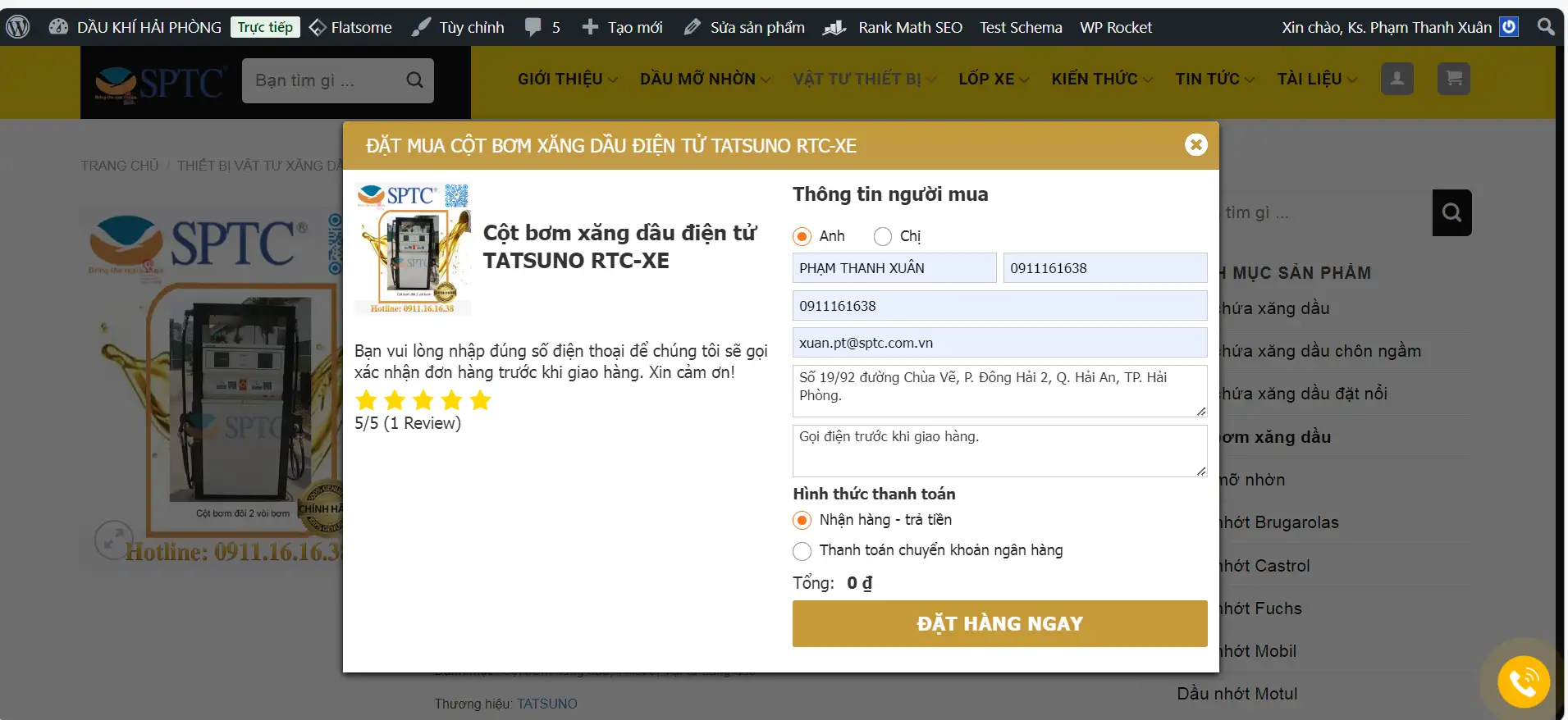 Xác nhận đặt hàng trực tuyến tại website www.daukhihaiphong.com