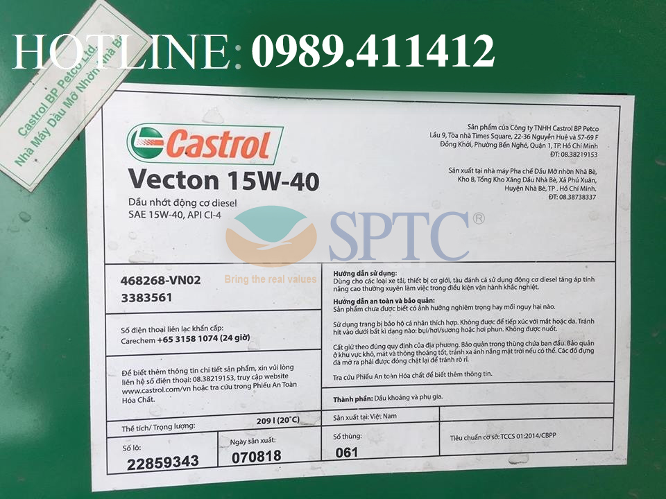 Tiêu chuẩn kỹ thuật của Dầu nhớt động cơ Castrol Vecton 15W40