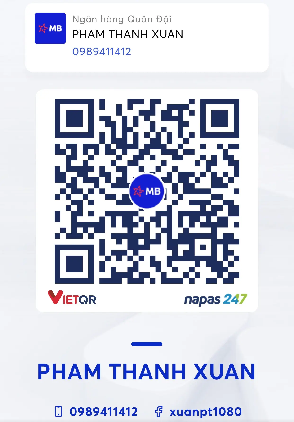 Mã QR Code Tài khoản 0989411412 - Ngân hàng MBBank - Pham Thanh Xuan